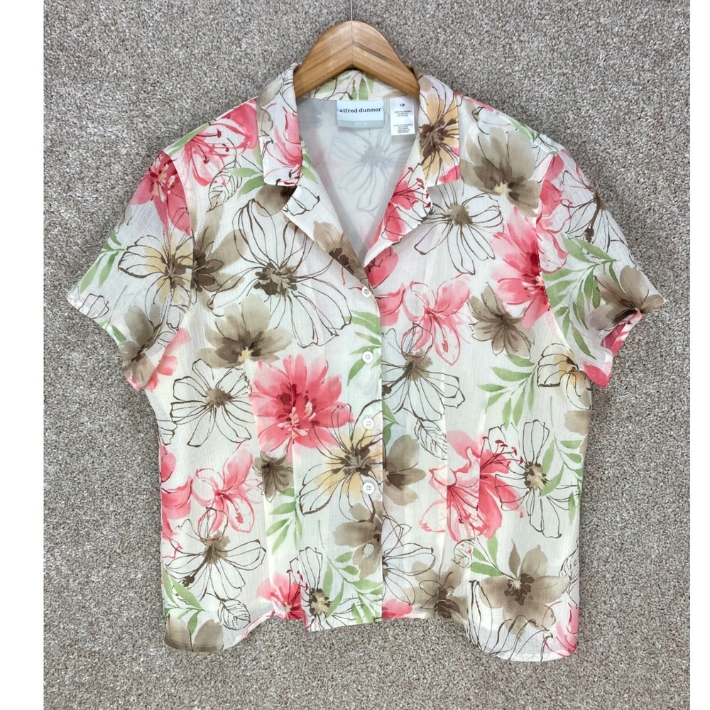 Alfred Dunner Tropical Floral Button Up Shirt Women 12P Pink Tan Hawaiian Resort